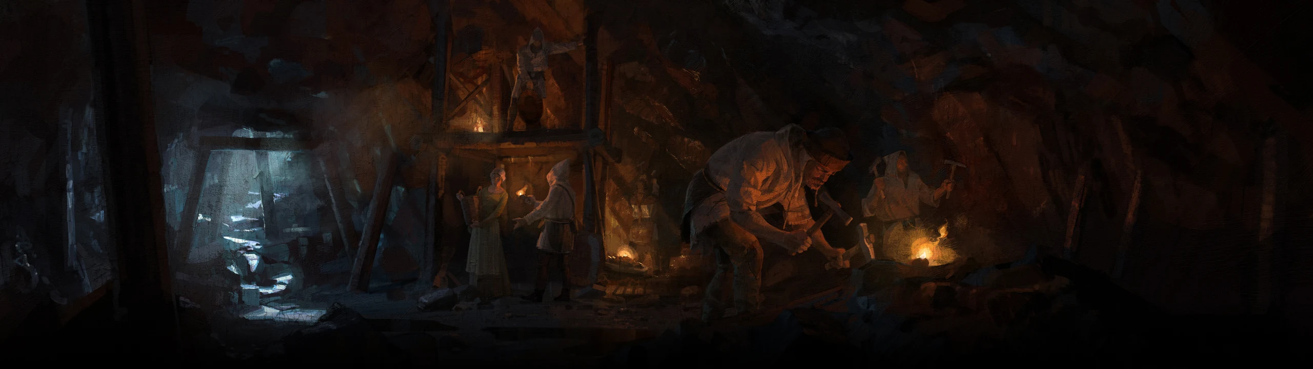 Men gathered at fires in a cave workshop with a blue-lit shaft behind