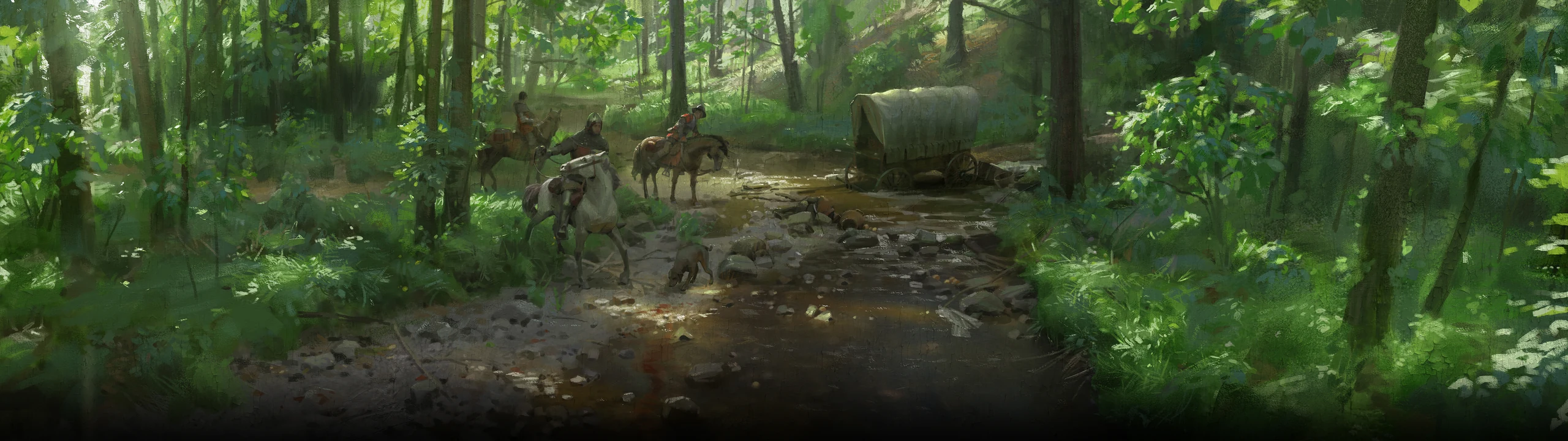 Riders and a covered wagon on a stony track through bright green forest