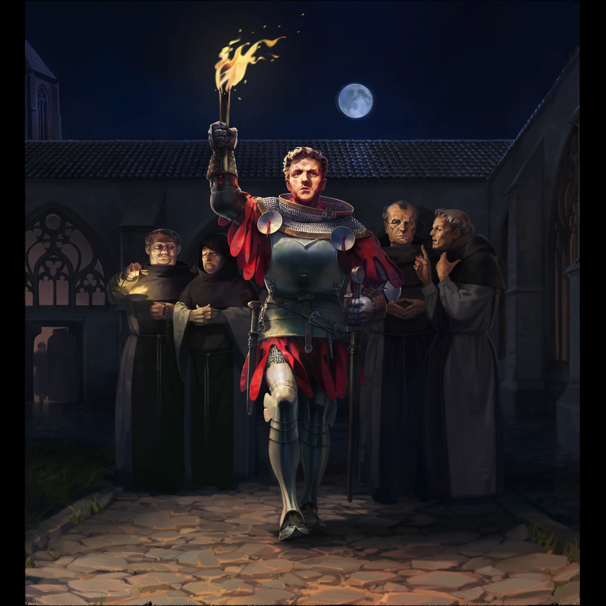 A knight holding a torch leads hooded monks across a moonlit cloister