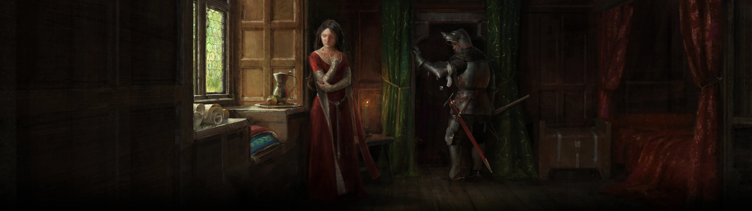A woman by a window and an armoured knight entering a dim timber chamber
