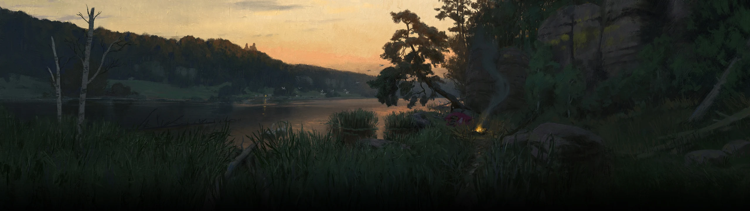 A lakeshore at sunset with a small campfire among reeds and pines