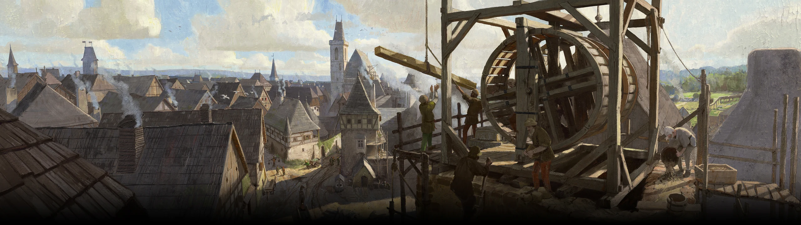 A town under construction: a timber treadwheel crane above Kuttenberg rooftops and spires