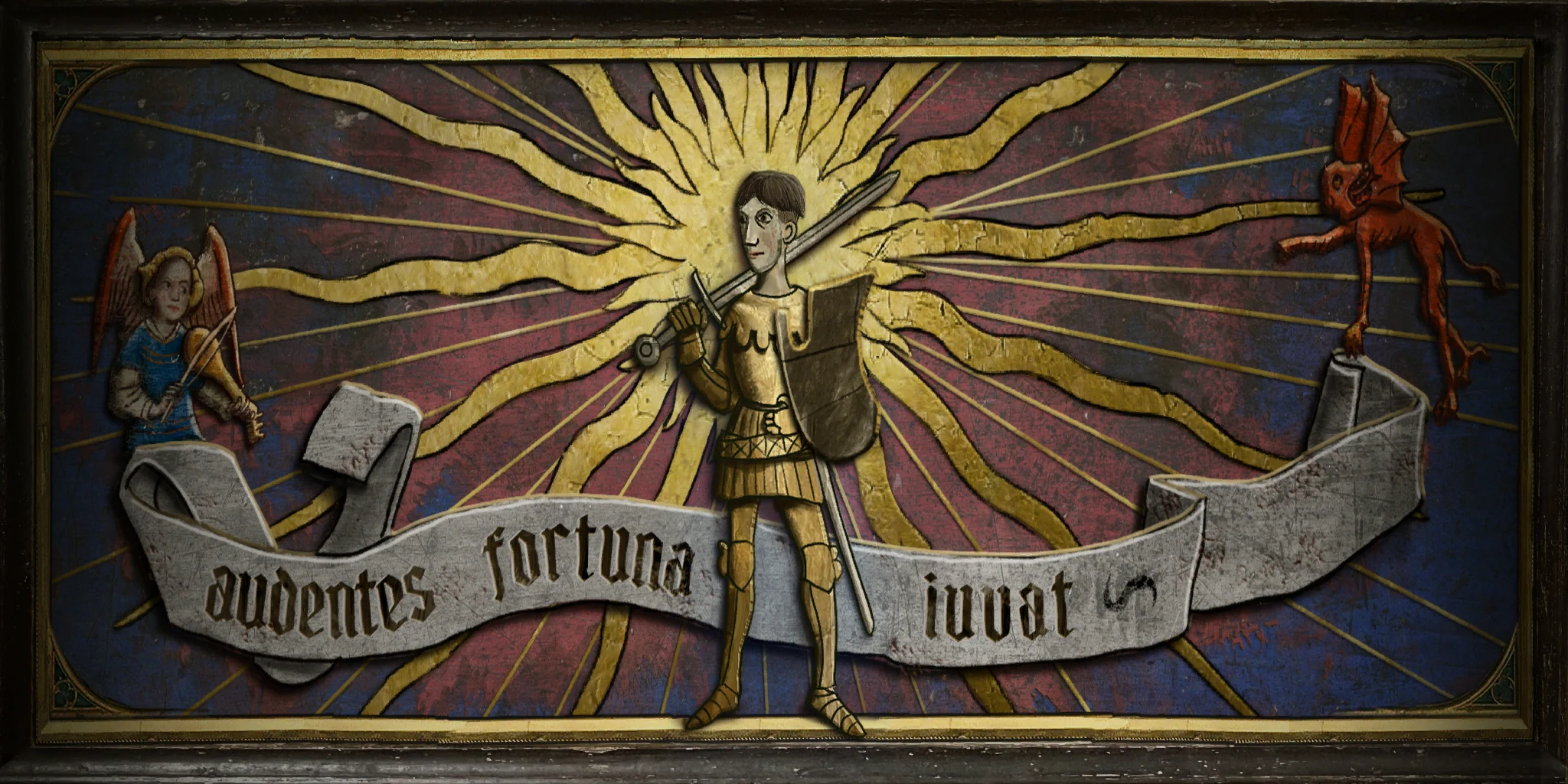 Gilded relief panel of a figure in a sunburst with the motto Audentes fortuna iuvat