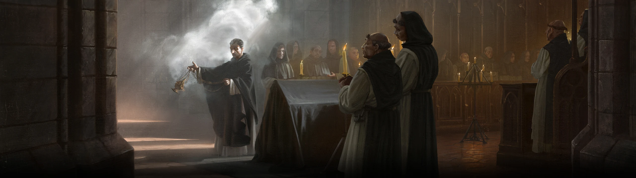 A priest swinging incense in a shaft of light before kneeling monks